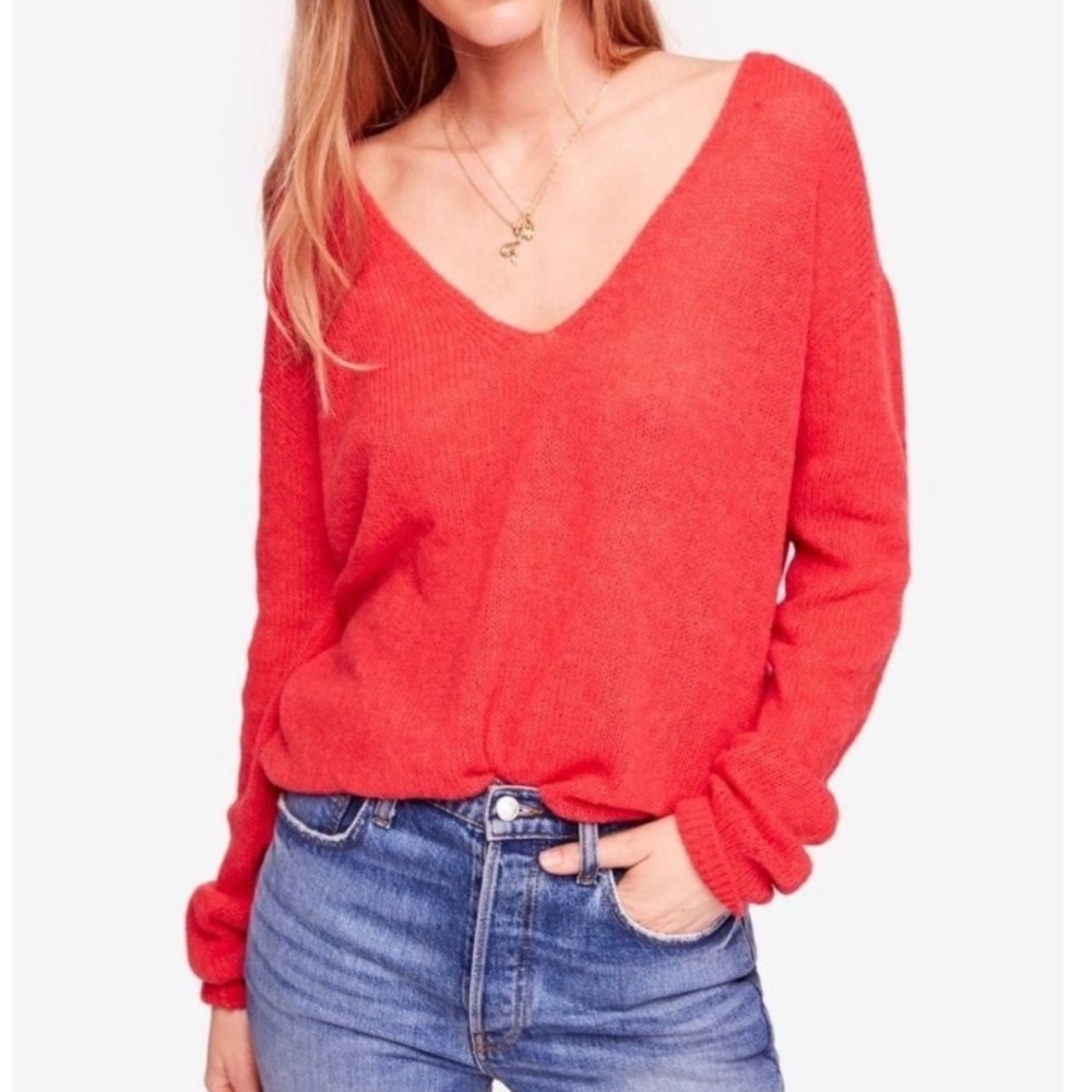 Free People Gossamer V-Neck Alpaca Blend Sweater in Coral